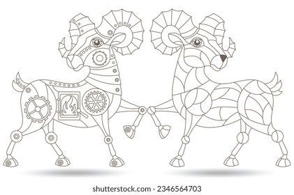 Set of contour illustrations in the style of stained glass with steam punk signs of the zodiac aries, dark contours on a white background