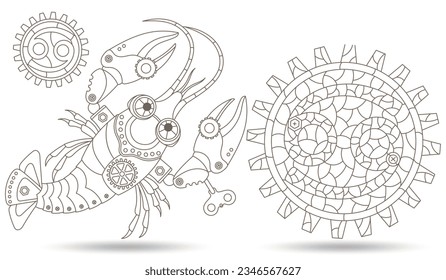 Set of contour illustrations in the style of stained glass with steam punk signs of the zodiac cancer , dark contours on a white background