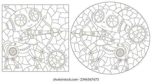 Set of contour illustrations in the style of stained glass with steam punk signs of the zodiac Sagittarius, dark contours on a white background