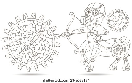 Set of contour illustrations in the style of stained glass with steam punk signs of the zodiac Sagittarius, dark contours on a white background