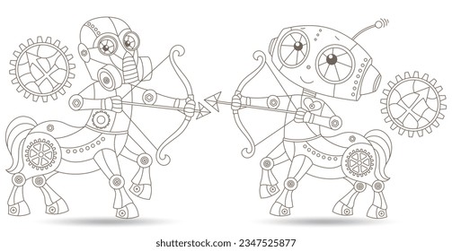 Set of contour illustrations in the style of stained glass with steam punk signs of the zodiac Sagittarius, dark contours on a white background