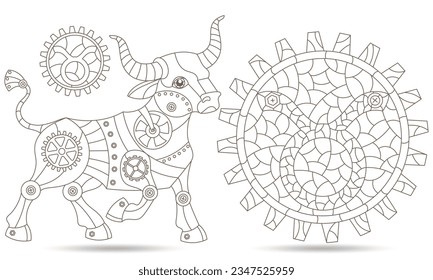 Set of contour illustrations in the style of stained glass with steam punk signs of the zodiac Taurus, dark contours on a white background