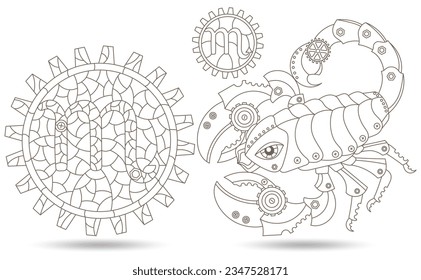 Set of contour illustrations in the style of stained glass with steam punk signs of the zodiac scorpio , dark contours on a white background