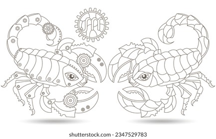 Set of contour illustrations in the style of stained glass with steam punk signs of the zodiac scorpio , dark contours on a white background