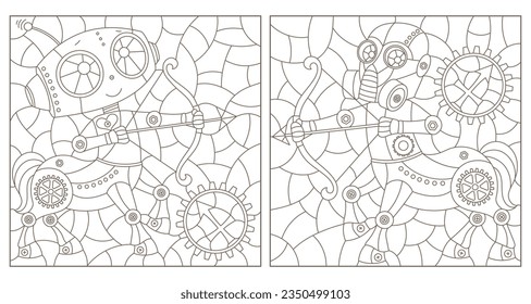 Set of contour illustrations in the style of stained glass with steam punk signs of the zodiac Sagittarius, dark contours on a white background