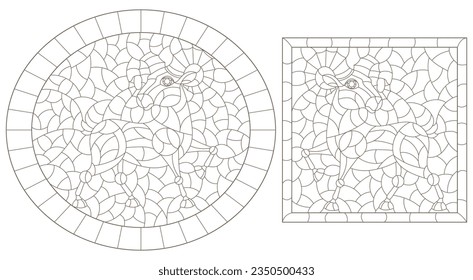 A set of contour illustrations in the style of stained glass with sheep, animals isolated on a white background