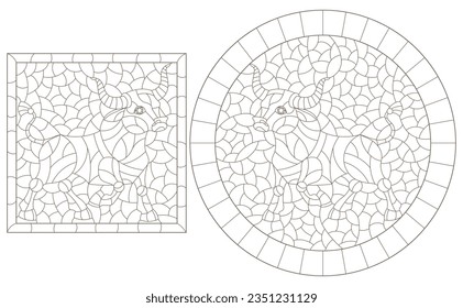 Set of contour illustrations in the style of stained glass with steam punk signs of the bulls, dark contours on a white background