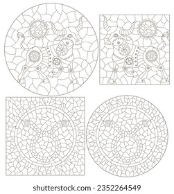 Set of contour illustrations in the style of stained glass with steam punk signs of the zodiac Taurus, dark contours on a white background