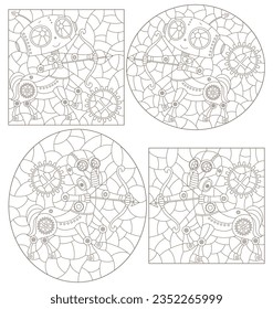 Set of contour illustrations in the style of stained glass with steam punk signs of the zodiac Sagittarius, dark contours on a white background