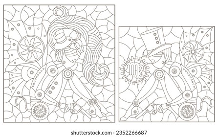 Set of contour illustrations in the style of stained glass with steam punk signs of the zodiac Virgo, dark contours on a white background