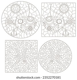 Set of contour illustrations in the style of stained glass with steam punk signs of the zodiac pisces , dark contours on a white background