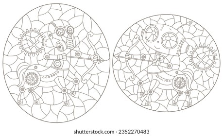 Set of contour illustrations in the style of stained glass with steam punk signs of the zodiac Sagittarius, dark contours on a white background