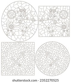 Set of contour illustrations in the style of stained glass with steam punk signs of the zodiac Sagittarius, dark contours on a white background