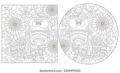 Un conjunto de ilustraciones de contorno al estilo de vidrios manchados con perros lindos, contornos oscuros sobre un fondo blanco