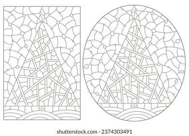 A set of contour illustrations in the style of stained glass with abstract Christmas trees, dark contours on a white background