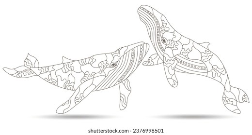 A set of contour illustrations in the style of stained glass with abstract whales, dark contours on a white background