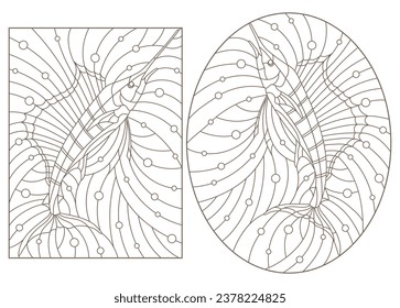 A set of contour illustrations in the style of stained glass with abstract fish, dark contours on a white background