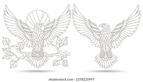 Un conjunto de ilustraciones de contorno en el estilo de vidrio manchado con águilas abstractas, contornos oscuros sobre un fondo blanco