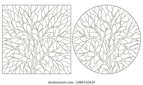 A set of contour illustrations in the style of stained glass with abstract trees, dark contours on a white background