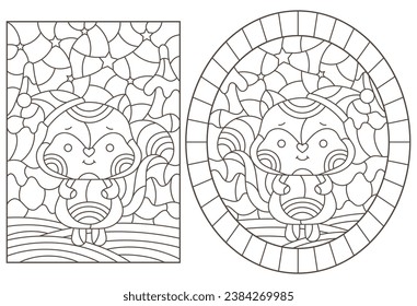Eine Reihe von Konturillustrationen im Stil von Buntglas zum Thema Neujahrsferien mit süßen Füchsen, dunklen Umrissen auf weißem Hintergrund
