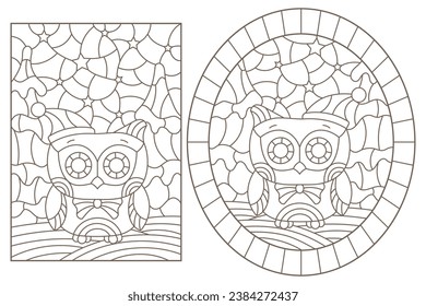 A set of contour illustrations in the style of stained glass on the theme of New Year holidays with cute owls, dark outlines on a white background