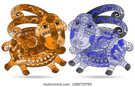 A set of contour illustrations in the style of stained glass with abstract cute lambs, animals isolated on a white background, tone blue and brown