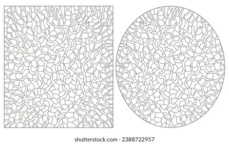 A set of contour illustrations in the style of stained glass with abstract trees, dark contours on a white background