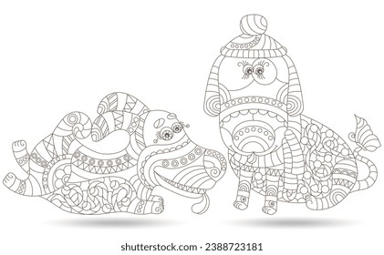 A set of contour illustrations in the style of stained glass with cute dogs, dark contours on a white background