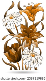 A set of contour illustrations in the style of stained glass with flower bouquets, flowers isolated on a white background, tone brown