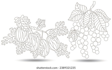 A set of contour illustrations in the style of stained glass with gooseberry and currant branches, isolated on a white background
