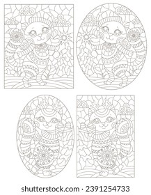 A set of contour illustrations in the style of stained glass with cute cartoon cats, dark contours on a white background