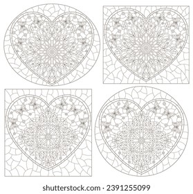 A set of contour illustrations in the style of stained glass with abstract hearts, dark contours on a white background