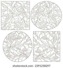 A set of contour illustrations in the style of stained glass with cardinal birds on snow-covered tree branches