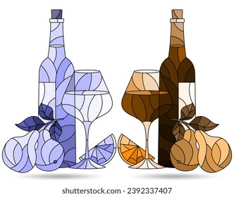 Set of contour illustrations in the style of stained glass with compositions of wine and fruit, tone blue and brown