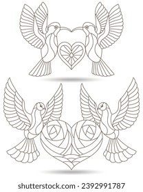 A set of contour illustrations in the style of stained glass with hummingbirds and pigeons, compositions isolated on a white background