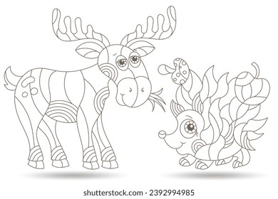 A set of contour illustrations in the style of stained glass with cute cartoon hedgehog and moose, dark contours on a white background