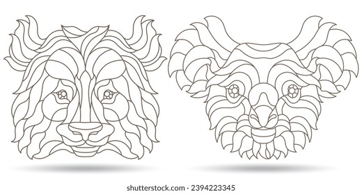 A set of contour illustrations in the style of stained glass with portraits of pandas and koalas, dark contours on a white background
