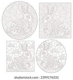 A set of contour illustrations in the style of stained glass with cute rabbits, dark contours on a white background