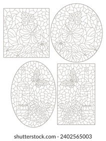 A set of contour illustrations in the style of stained glass with still lifes with wine and pumpkin, dark contours on a white background