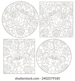 A set of contour illustrations in the style of stained glass with cute cartoon monkeys on tree branches, dark outlines on a white background