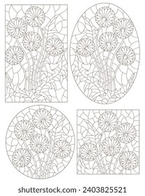 A set of contour illustrations in the style of stained glass with abstract dandelion flowers, dark contours on a white background