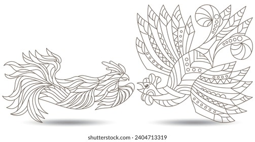A set of contour illustrations in the style of stained glass with abstract roosters, dark contours on a white background