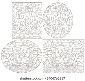 A set of contour illustrations in the style of stained glass with ancient Viking ships, dark contours on a white background