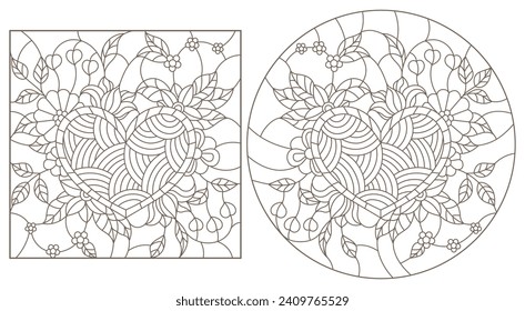 A set of contour illustrations in the style of stained glass with flower arrangements, dark contours on a white background