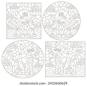 A set of contour illustrations in the style of stained glass with cute cartoon dogs, dark contours on a white background