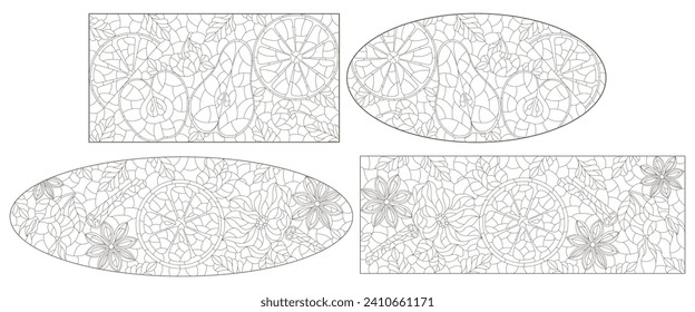 A set of contour illustrations in the style of stained glass with fruits,berries, flowers and spices, dark contours on a white background