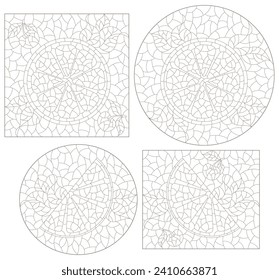 Eine Reihe von Konturillustrationen im Stil von Buntglas mit orangefarbenen Scheiben, dunklen Konturen auf weißem Hintergrund