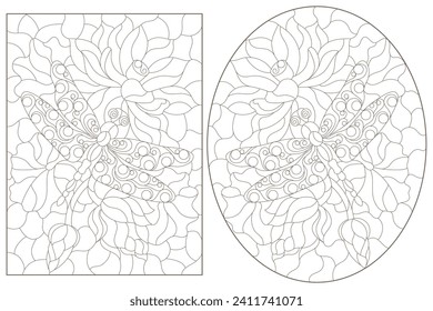 A set of contour illustrations in the style of stained glass with dragonflies, dark outlines on a white background