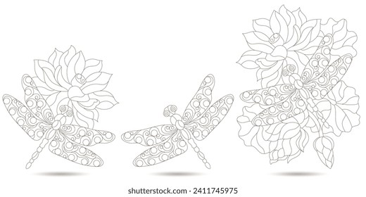 A set of contour illustrations in the style of stained glass with dragonflies, dark outlines on a white background