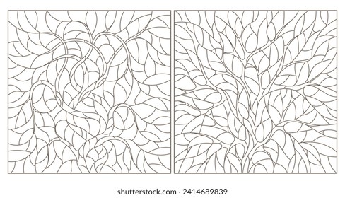 A set of contour illustrations in the style of stained glass with abstract trees, dark contours on a white background